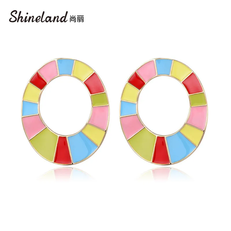 

Shineland Enamel Candy Color Geometric Stud Earrings Metal Big Hollow Colorful Brincos For Women Girl Gift Hot Sale Jewelry