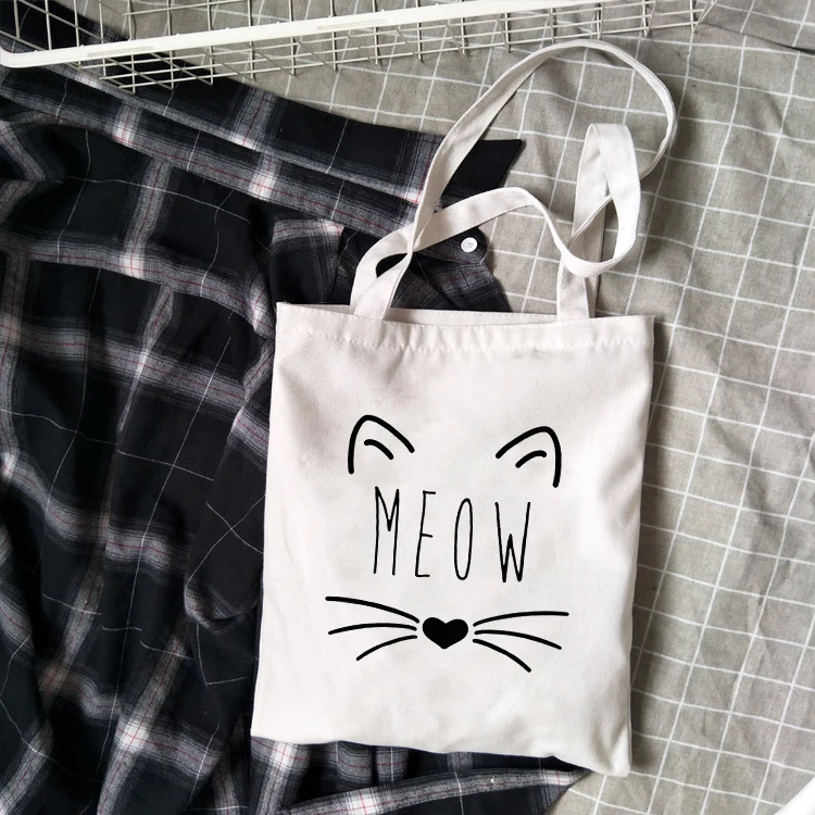

Модная Холщовая Сумка Meow Cat для женщин и девушек, простая вместительная сумочка для хранения, многоразовая Студенческая книжная Сумка-тоут