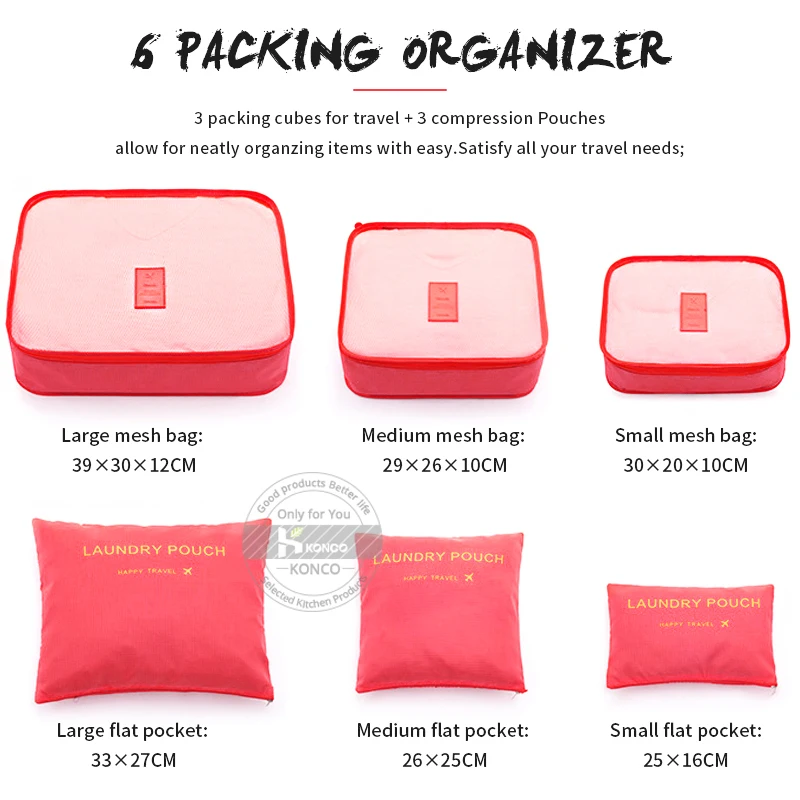 Konco 6 шт. дорожная сумка для хранения багажа одежда Сортировка Сумки Дорожная