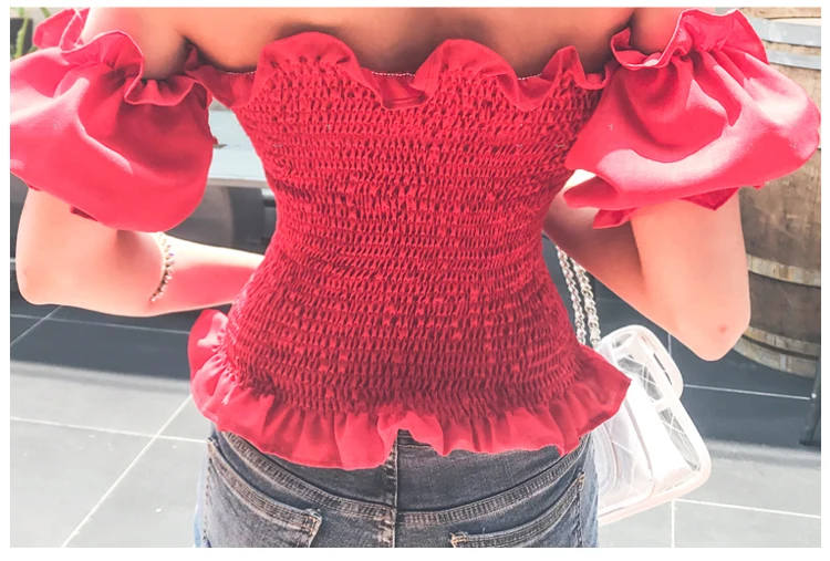 

2021 New Arrival Boho Sexy Summer Crop Top Womens Tops and Blouses Puff Sleeve Off Shoulder Lace Up Beach Shirt