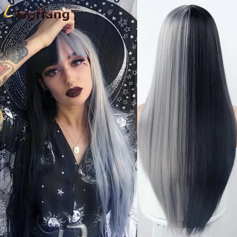 Linghang Gray and Black Wig Long Straight hair Cosplay Wig Two Tone Ombre Color Women Synthetic Hair Wigs sylvia synthetic lace front wig straight hair long orange wig lady glueless wig middle parting cosplay wig ombre two tone wigs