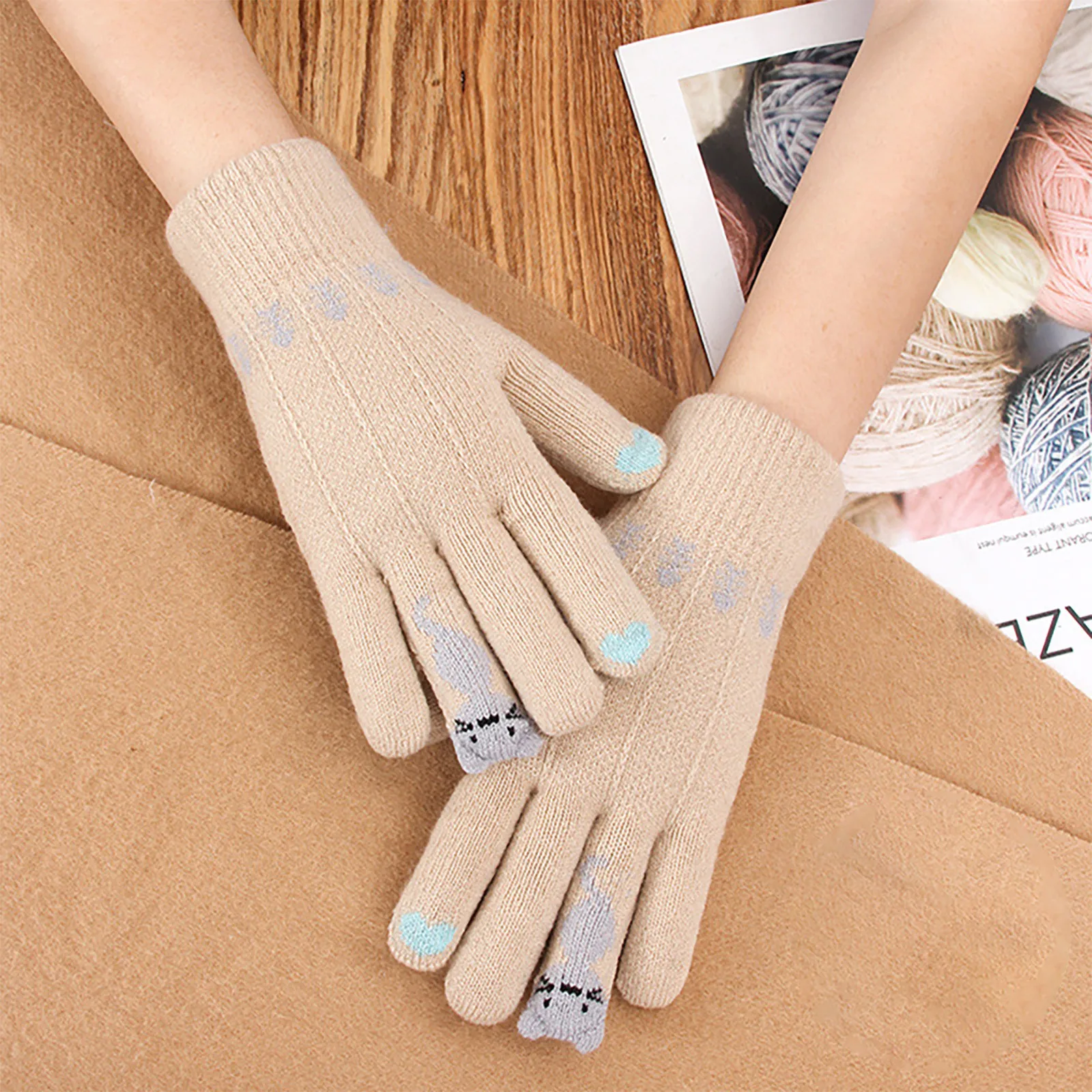 Women Soft Warm Mitten Touch Screen Gloves Girl Stretch Knitted Finger Keep Cat Print Winter Double Layer Thicken | Спорт и