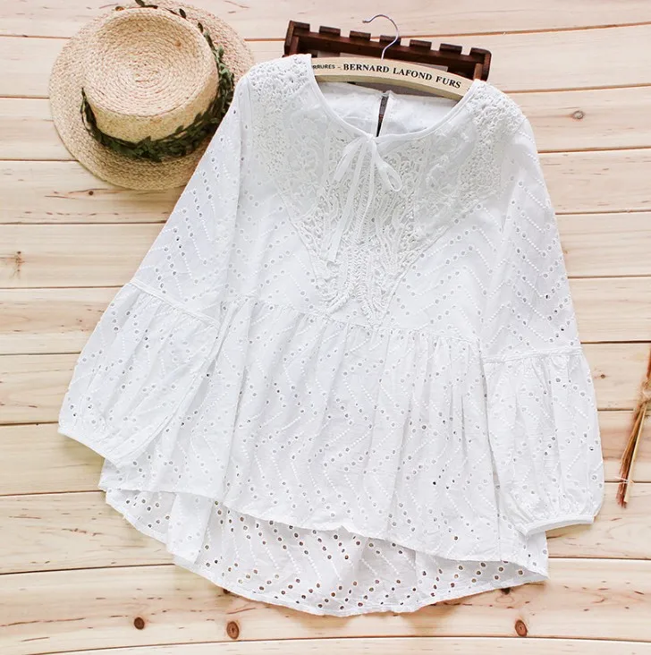 

White Lace Hollow Out Embroidery Lolita Shirt Female Long Sleeve Top 2021 Spring