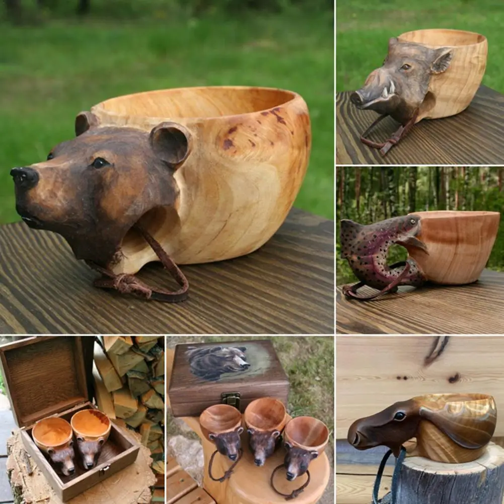 

Деревянная кружка Kuksa с ручной резьбой, кружка с головой животных Kuksa Guksi, деревянная кружка, портативная походная кружка для питья