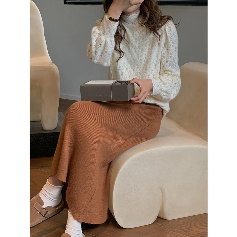 

Temperament Gentle Wind Half High Neck Lace Shirt Women 2021 Winter New Style Hollow Inner Long-sleeved Bottoming Shirt Women