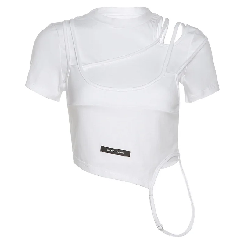 

Women Irregular T-shirt Crop Tops White O Neck Short Sleeve Sexy Bandage Short Tees Fashion Casual Streetwear Female 2 Pcs Set