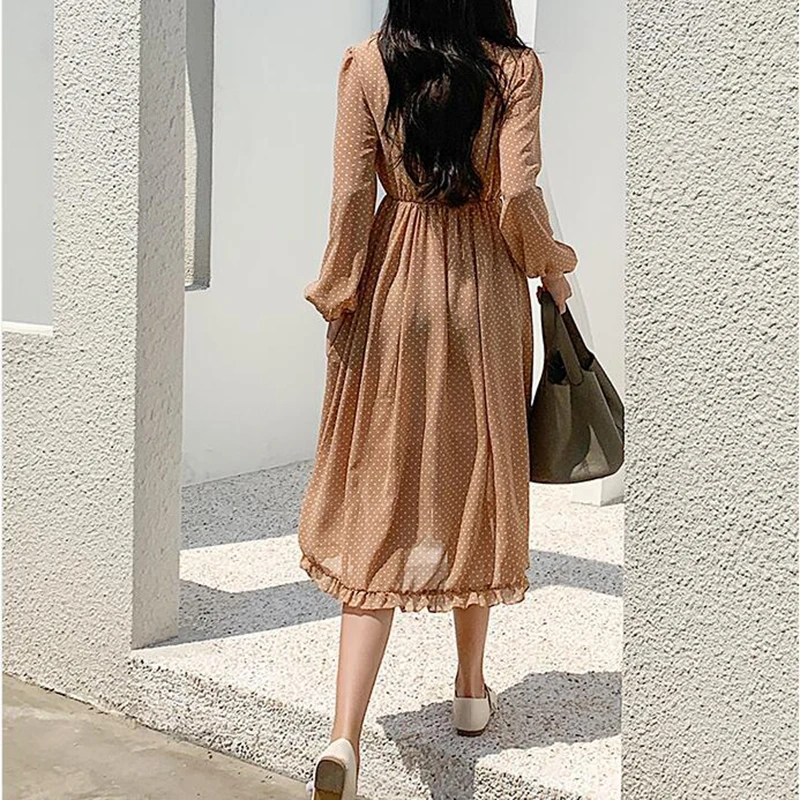 Однотонная винтажная одежда цвета хаки весеннее женское длинное шифоновое