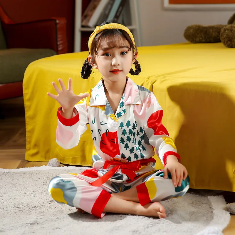 

New Kids Baby Boy Girl Silk Satin Pajama Set Clothes Autumn Winter Warm Animal Nightwear Homewear Children's Pajamas For 8-16Y