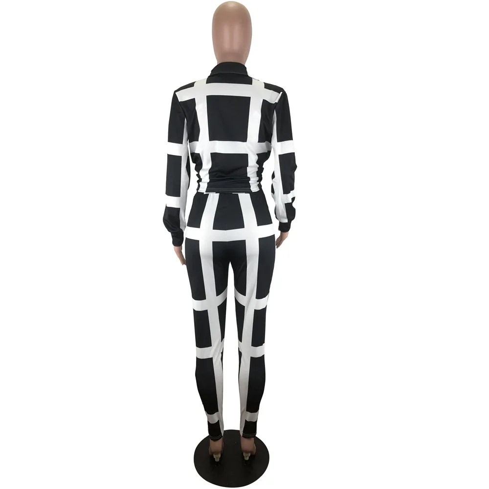 Black /white spliced lady suit full sleeve short top + skinny pants two piece set high street slim fashion outfit LTZ98018 |
