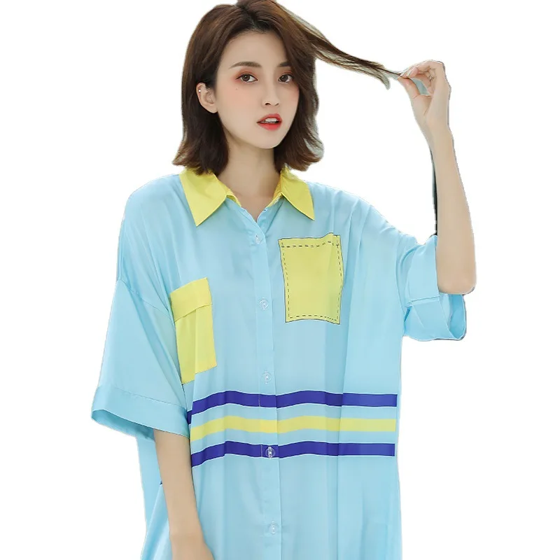 

Patchwork Color Nightwear Casual Sleepshirt Female Home Dressing Gown Intimate Lingerie Summer New Sexy Nightgown Sleepwear