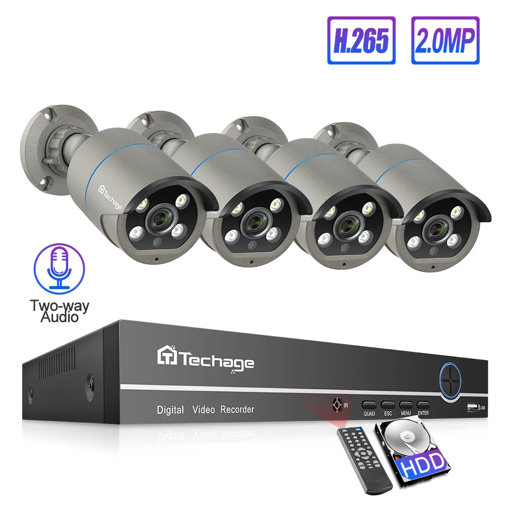 Techage 8CH h.265 1080P POE NVR Системы 4 шт. 2-полосная аудио в виде человечков обнаружения IP CCTV камера Камера Водонепроницаемый комплект видеонаблюдения
