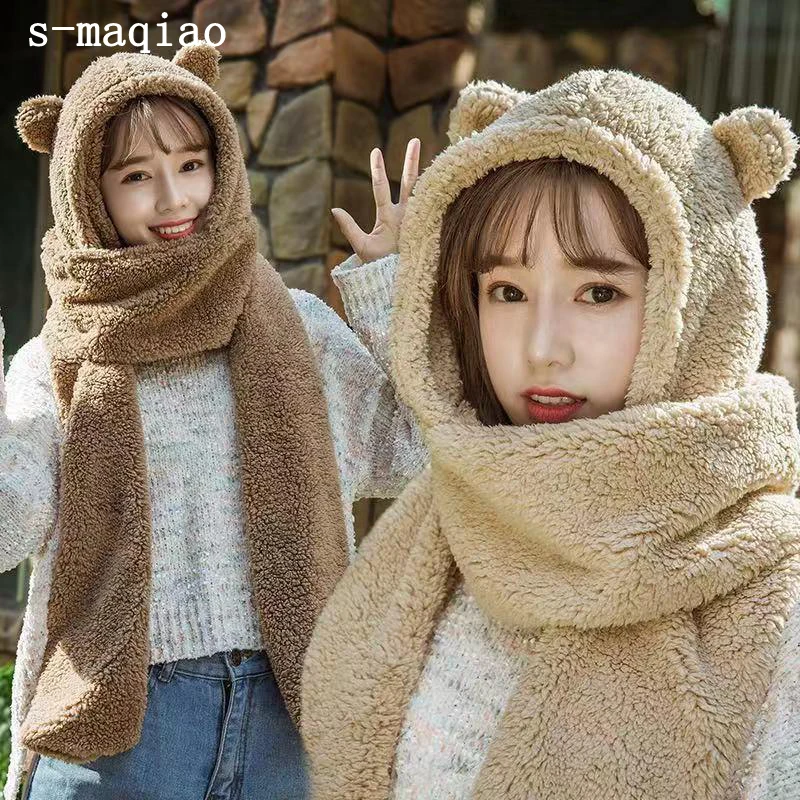 

2021 Winter Women Novelty Caps Warm Cute Bear Ear Hat Casual Plush Hat Scarf Gloves Set Casual Solid Fleece Women Autumn Caps