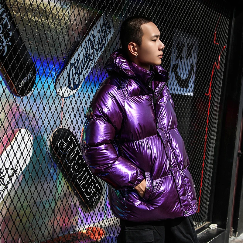 Уличная зимняя плотная Теплая мужская модная Блестящая Серебристая фиолетовая