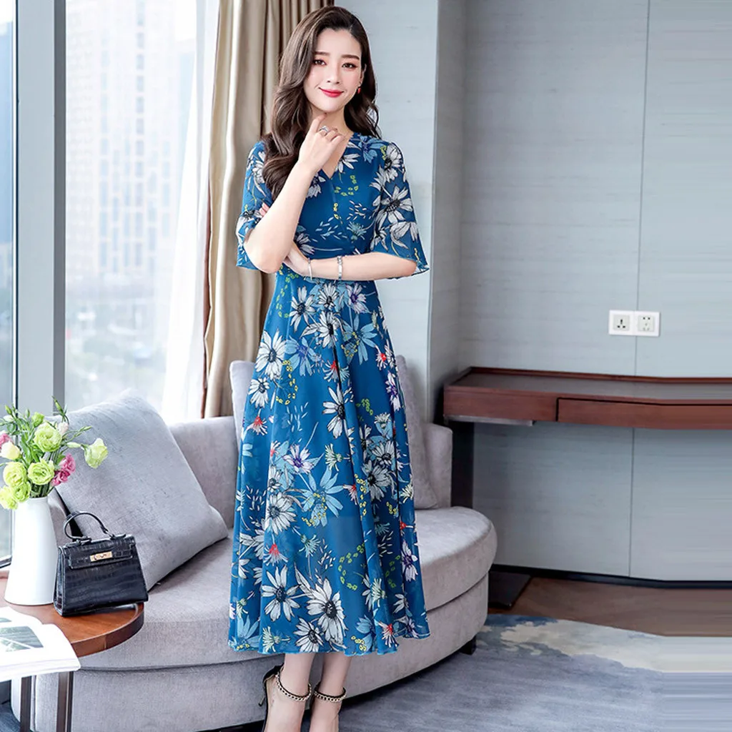 Женское летнее платье с цветочным принтом в стиле бохо коротким рукавом а-силуэт