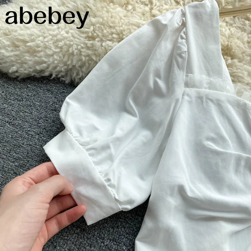 

Women Korean Ruched Blouse Elegant Solid Square Collar Short Sleeve Tops 2021 Spring Fashion Streetwear Short Blouses