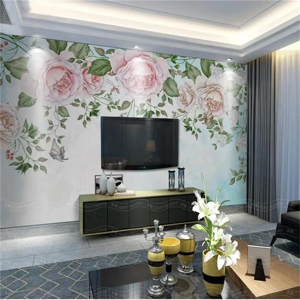 

Пользовательские фотообои для гостиной, винтажные Цветочные Розы, бабочки, 3d картина, диван, ТВ-фон, обои для стены