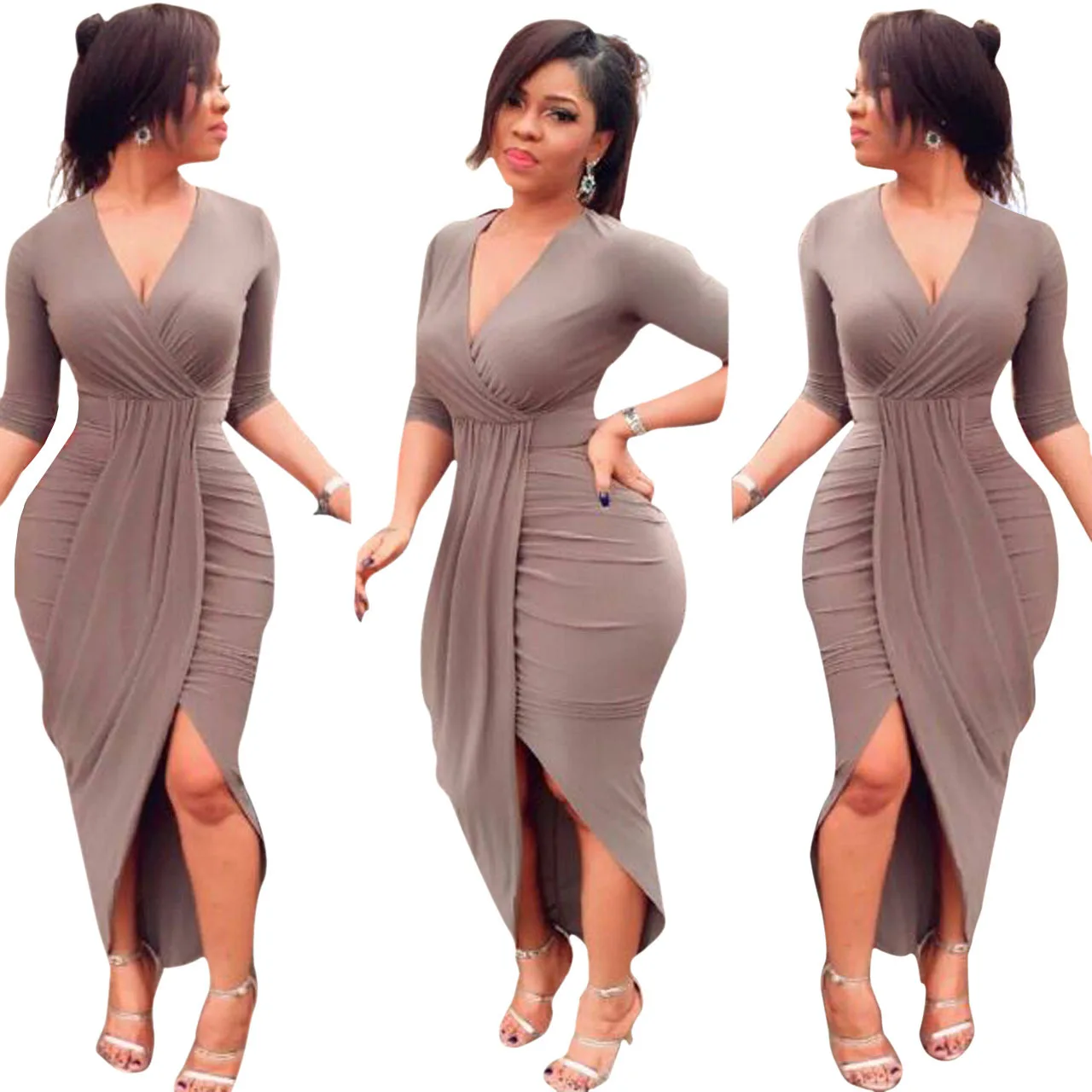 

Осеннее платье Bigsweety, сексуальное вечернее платье с глубоким V-образным вырезом, женское облегающее платье-футляр, плиссированное Ассиметри...