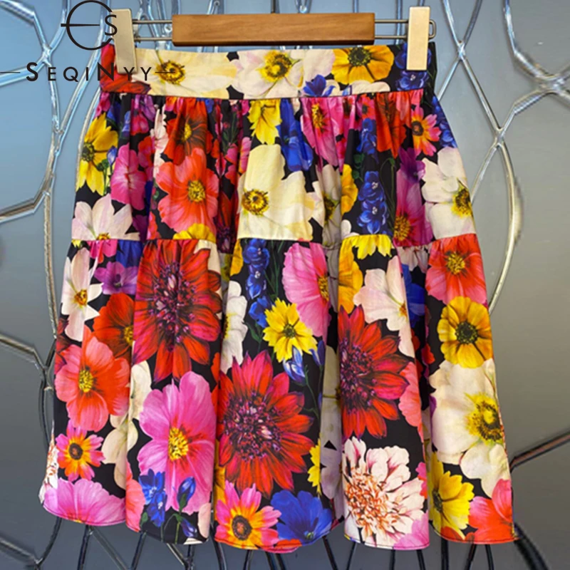 

Женская хлопковая мини-юбка SEQINYY, модельная юбка в сицилейском стиле с разноцветным цветочным принтом, лето-весна