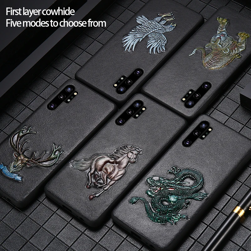 Genuine 3D Emboss Leather phone case for Samsung galaxy Note 10 Pro 9 A50 A70 A30 S10 S8 S9 Plus A8 360 Full protective |