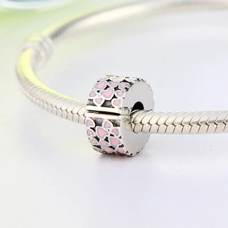 925 пробы серебро Проложить Розовое эмалированное сердце бисера стопор клип Fit