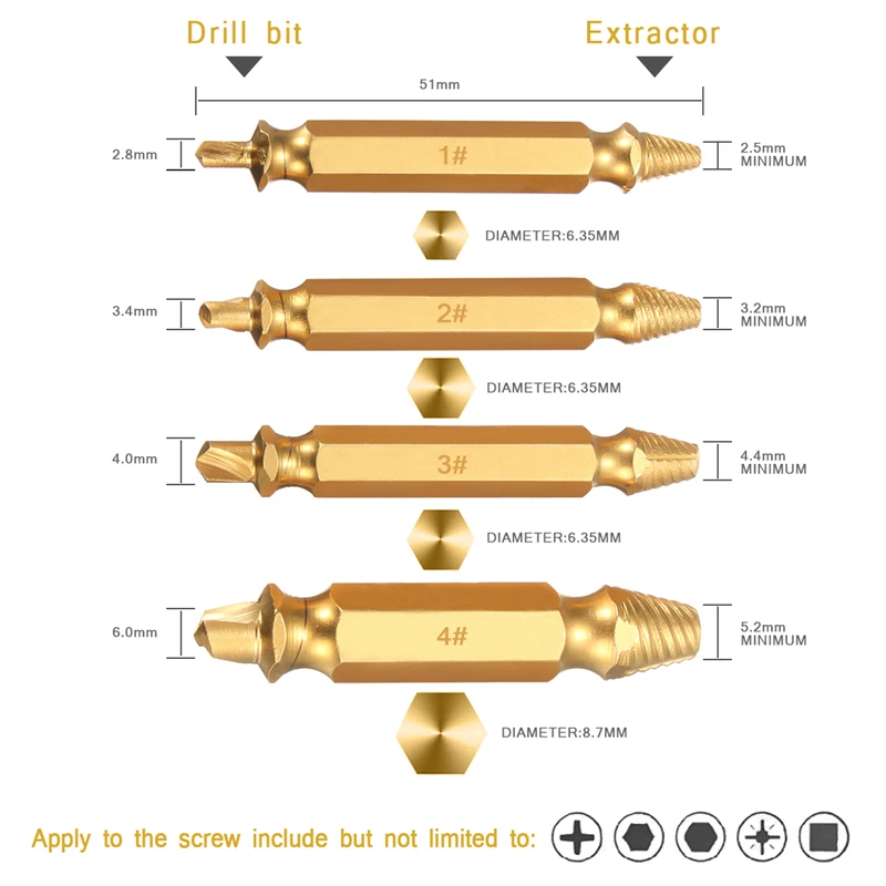 4Pcs Titanium Coated Double Side Damaged Screw Extractor Drill Bit Guide Set Broken Speed Out Bolt Stud Stripped Remover | Инструменты