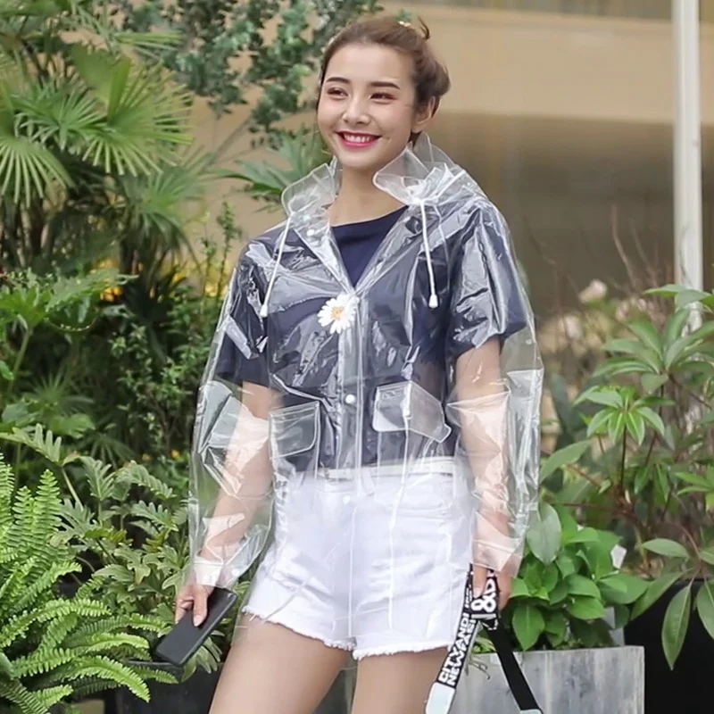 Прозрачный короткий непромокаемый плащ со съемной шапкой для женщин и мужчин