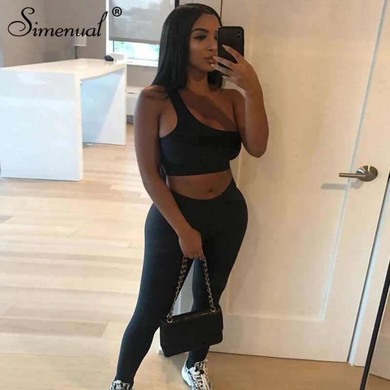 

Simenual Casual Fitness Sporty Co-ord Sets Women One Shoulder Crop Top And Leggings Two Piece Outfits Sleeveless Active Wear New