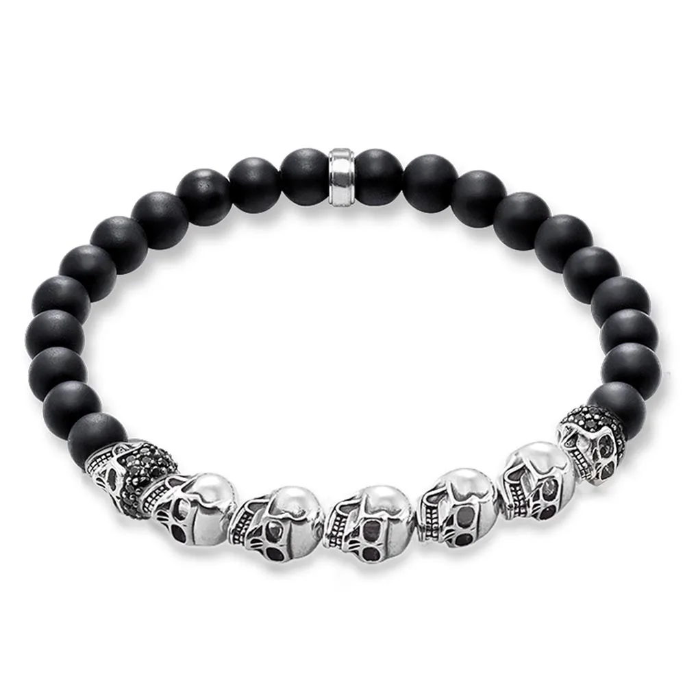 Череп бусины браслеты черный натуральный обсидиан Strand Скелет 925 пробы серебро CZ