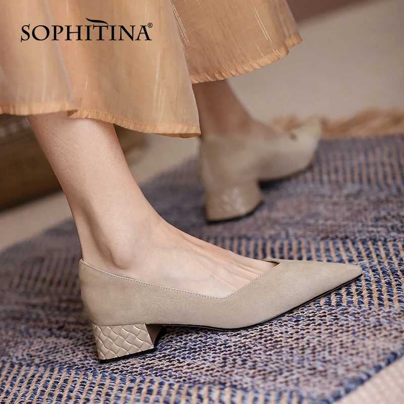 

SOPHITINA Women Shoes Spring New Concise Kid Suede Leather Pumps Thick Heel Pointed Toe Solid Casual Office Ladies Pumps DO251