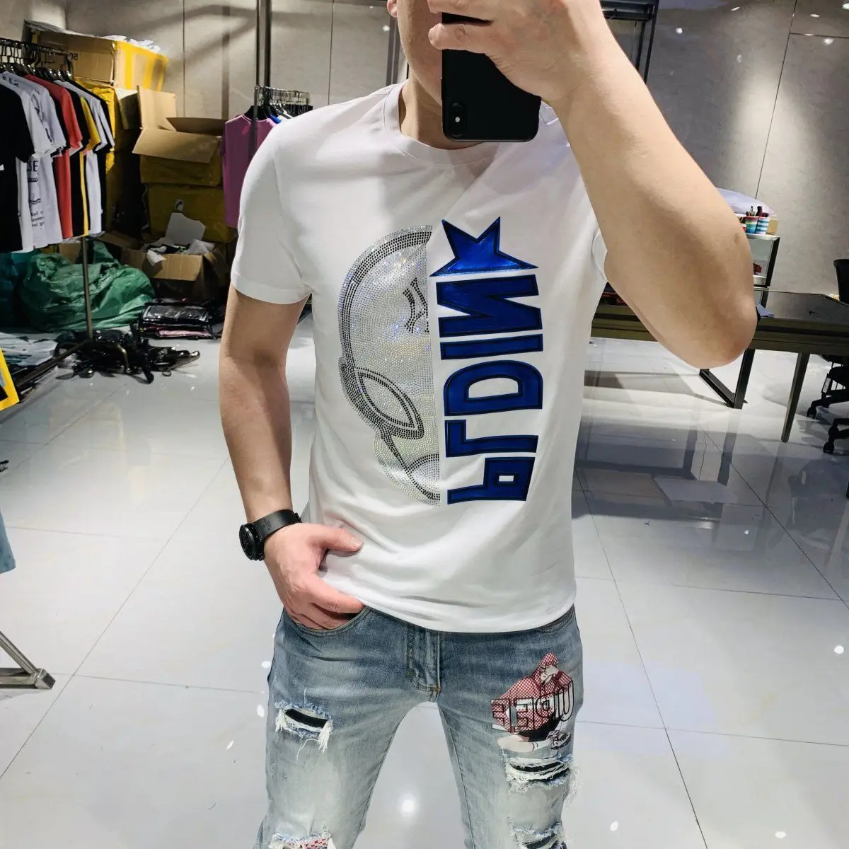 

Bestseller England Style Fancy T shirt Men Diamond Print Short Sleeve T-shirt Men's fashion Summer Rhinestone T Shirts