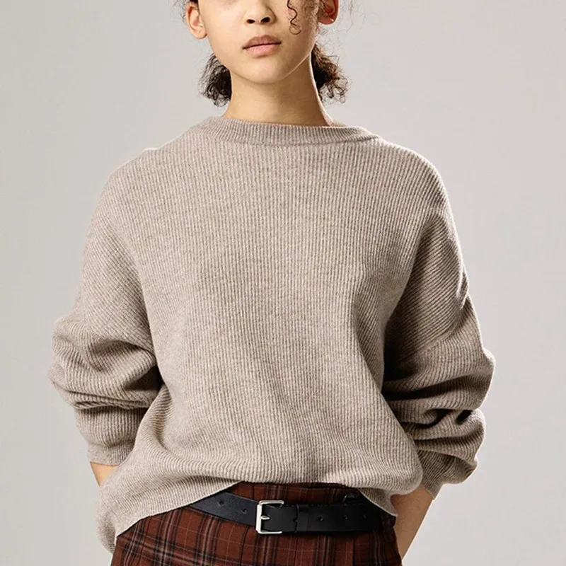 

Женский однотонный пуловер из шерсти и кашемира, универсальный свободный простой джемпер с круглым вырезом и длинным рукавом, Осень-зима 2021