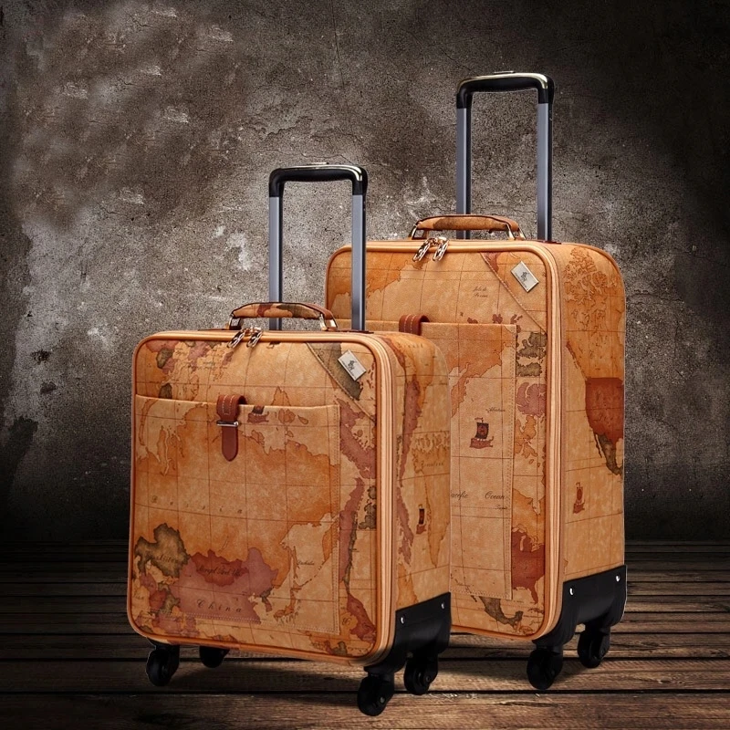 Retro map 100% PU Rolling Luggage Spinner brand Travel Suitcase with padlock women trolley luggage 16/18/20/22/24 size