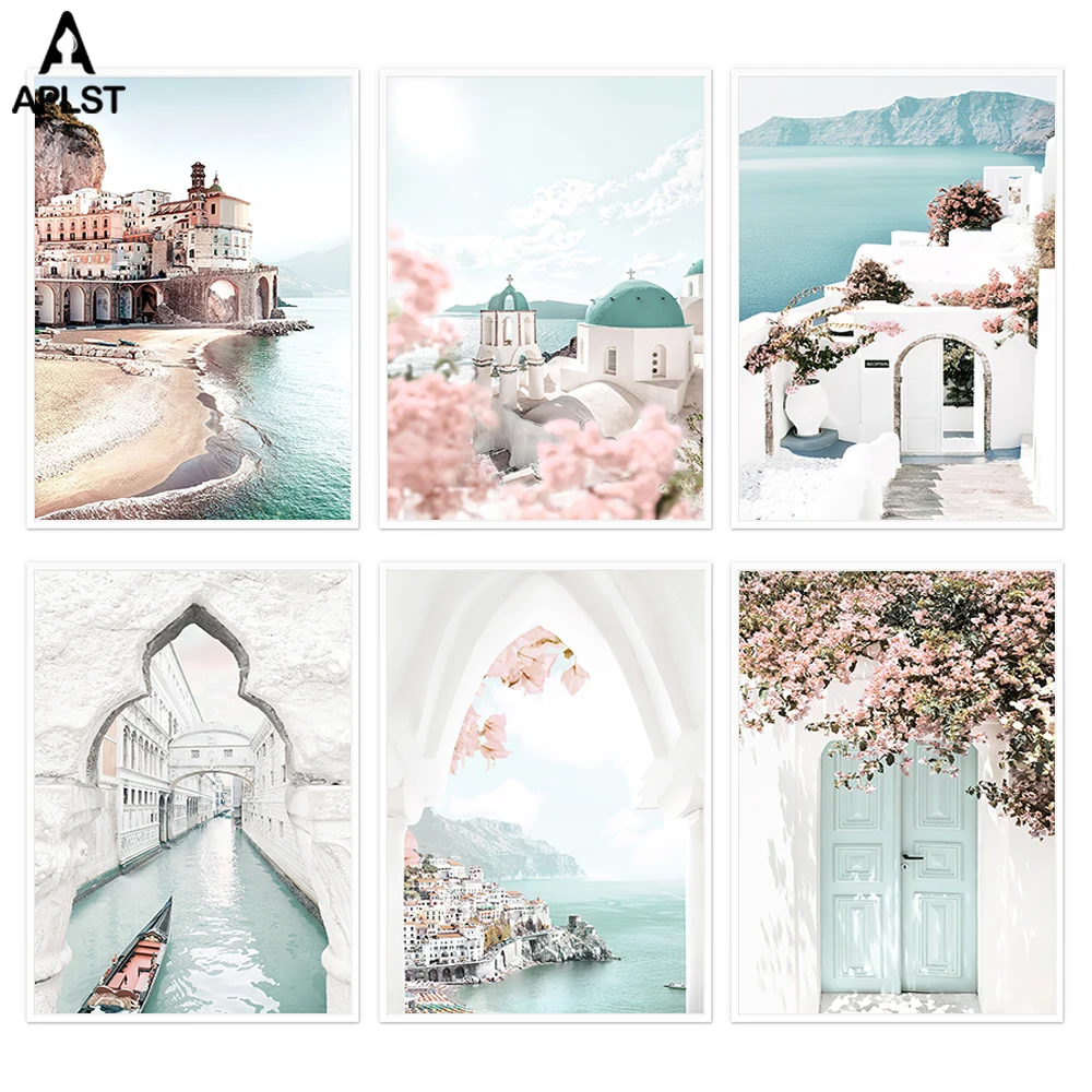 

Italy Cinque Terre Venice Beach Scenery Canvas Print Painting Sea Ocean Pink Flower Poster Living Room Picture Modern Home Decor