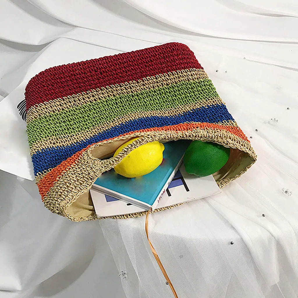 

2019 Women's New Large Capacity Hand Woven Brand New And High Quality Straw Bag Woman Horizontal Stripes Beach Bag #NG