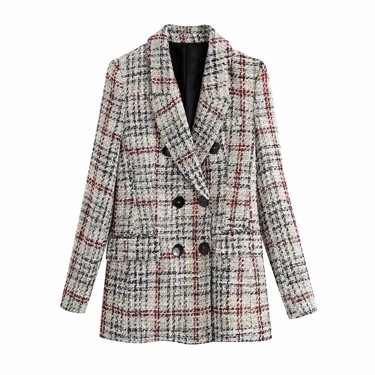 

Women's 2021 Autumn And Winter New Fashion Slim Plaid Stitching Texture Slimming Suit Double-Breasted Blazer Female High Quality