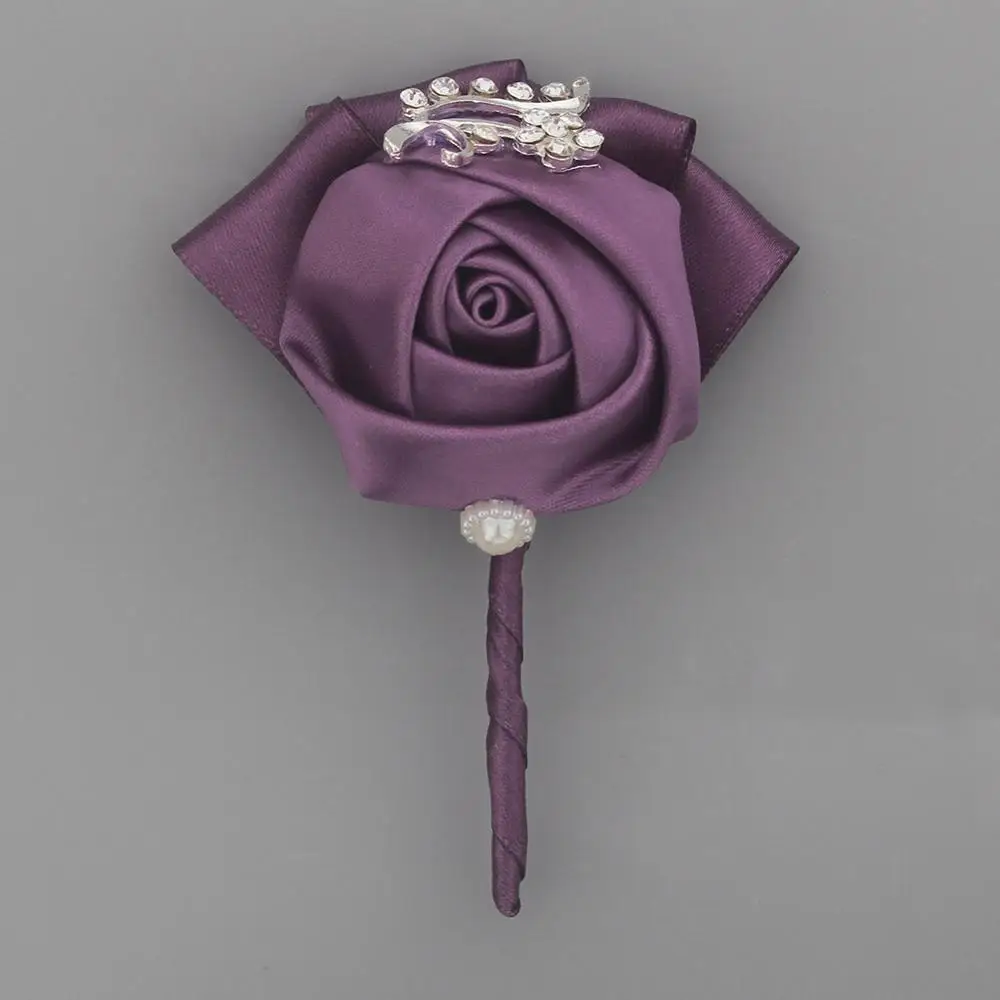 grape purple Свадебная бутоньерка для жениха винная Роза из красного атласа цветы корсаж de mariage Пром Брошь с кристаллами цветы de novia XH1300-2 - Цвет: grape purple
