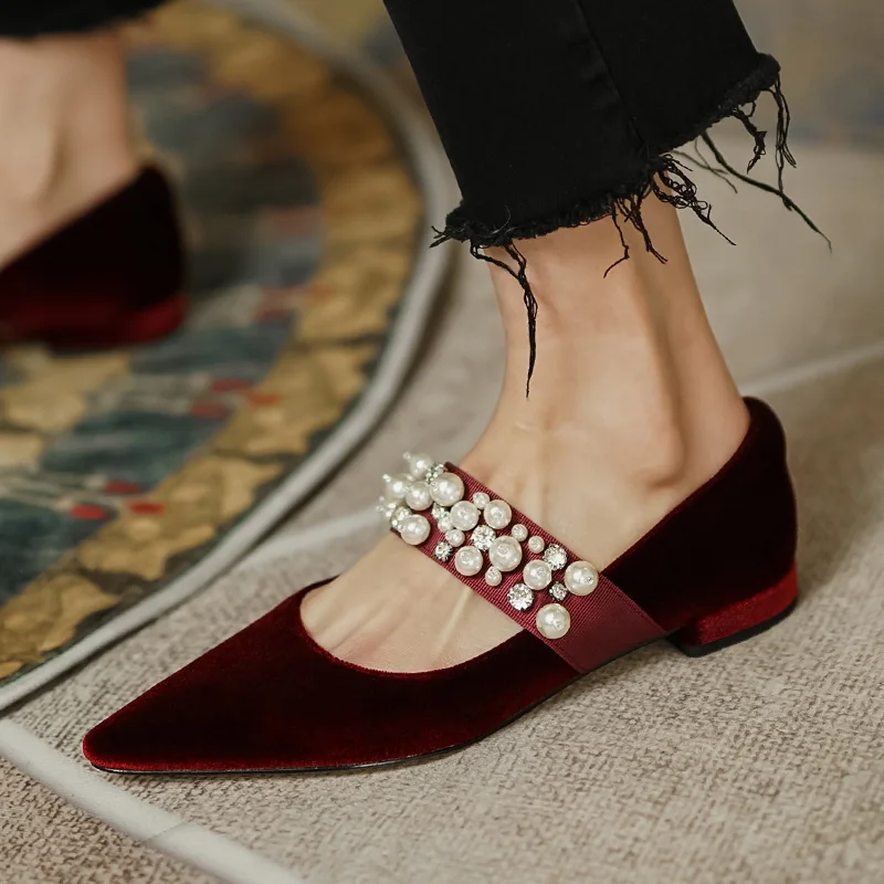 

Women's velvet silk crystal band patchwork slip-on mary jane flats pointed toe student style casual moccasins daily shoes women