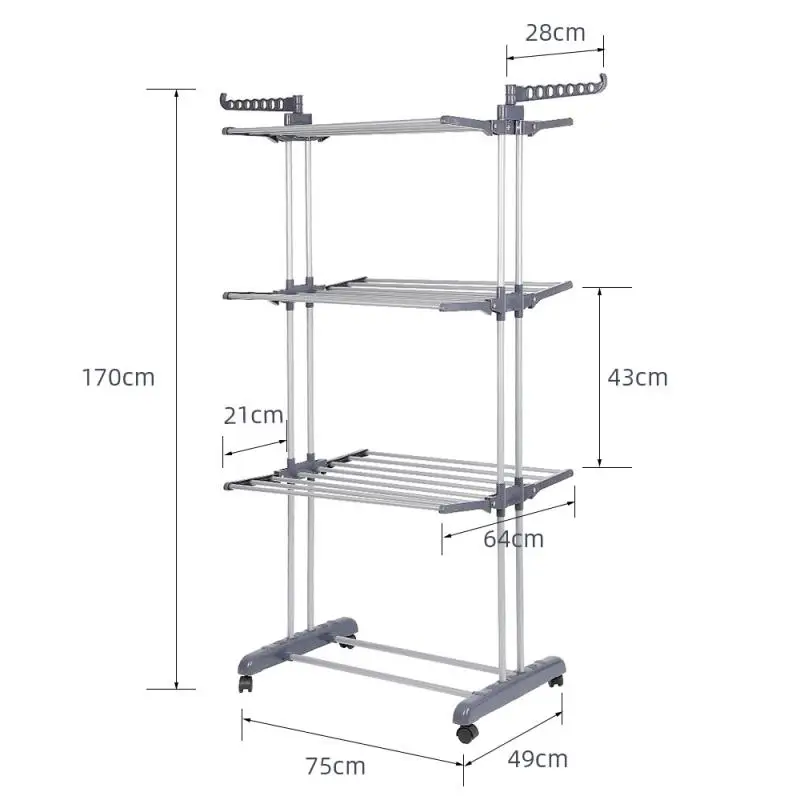 

Three-layer Double Pole Wing Drying Rack Movable Clothes Drying Rack Foldable Storage Holders Home Laundry Bath Organizing Shelf