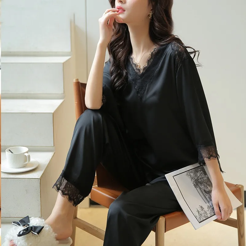 

Women Satin Sleepwear Wide Sleeve Sleep Set Nightwear 2PCS Pajamas Suit V-Neck Lace Home Clothing Casual Loose Intimate Lingerie