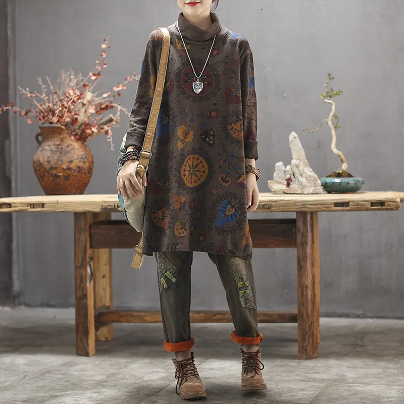 Женская водолазка в стиле панк Max LuLu длинный теплый свитер с цветочным принтом