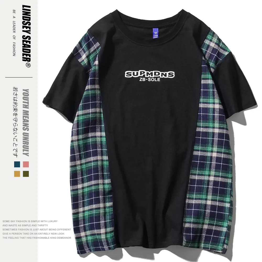 Женская Мужская Уличная клетчатая Лоскутная футболка 2020 Летняя мужская хип хоп