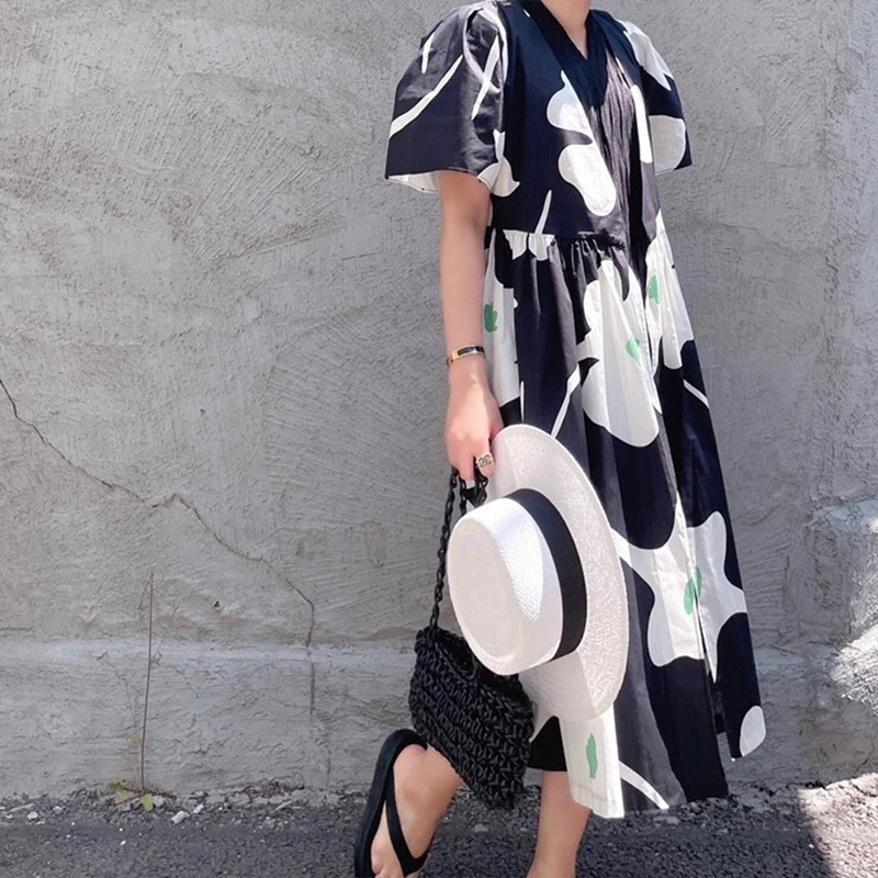 

Short Sleeve V-Neck Sweet Vintage Dresses Office Style Fashion Elegant Ladies Vestidos 2021 Summer Floral Printed Women Dress