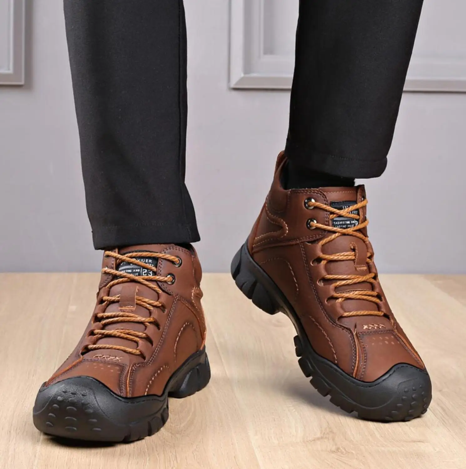 

Men Genuine leather Boots Anti-Skidding cowhide Shoes winter Hot men outdoor wool warm snow boot Mens Mountaineering cotton shoe