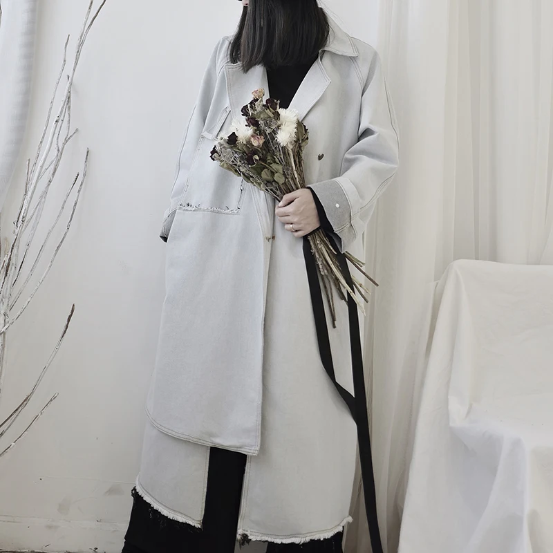 Новинка 2019 корейский стиль женский длинный винтажный белый Тренч однобортный