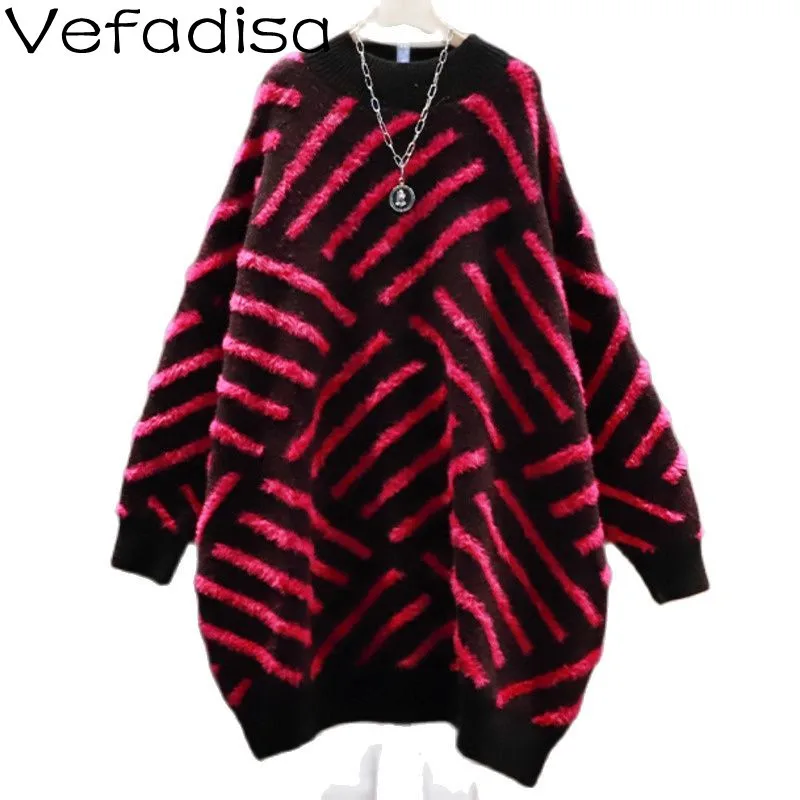 

Vefadisa Fashion Contrast Striped Print Pullover Sweater 2021 Winter New Women Loose Round Neck Mid-length Pullover Dress TT765