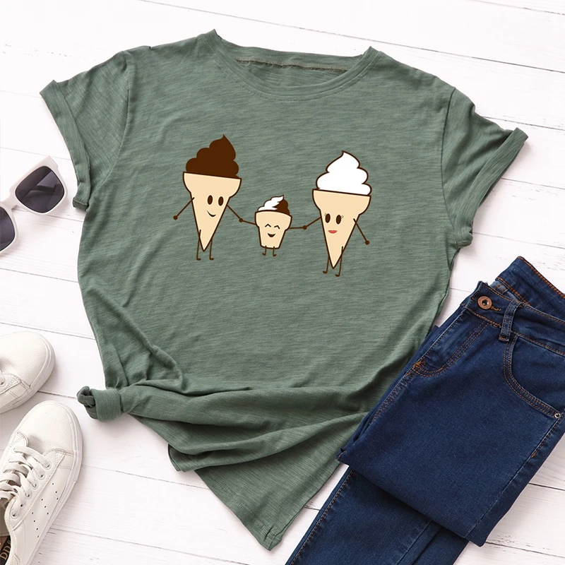 

Женские футболки из 100% хлопка, футболки с рисунком семьи мороженого, женские рубашки, летние топы, забавная футболка, топ, рубашка в стиле Ха...