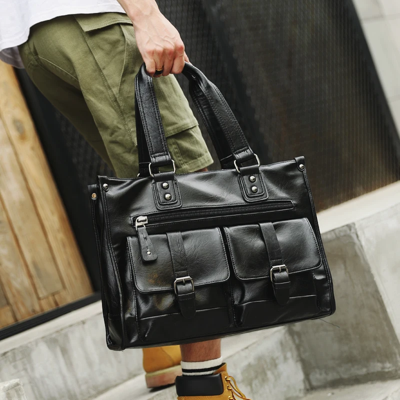 

Черный мягкий кожаный портфель из искусственной кожи, деловые мужские сумки для ноутбука, вместительные дорожные сумки, модный мужской мес...