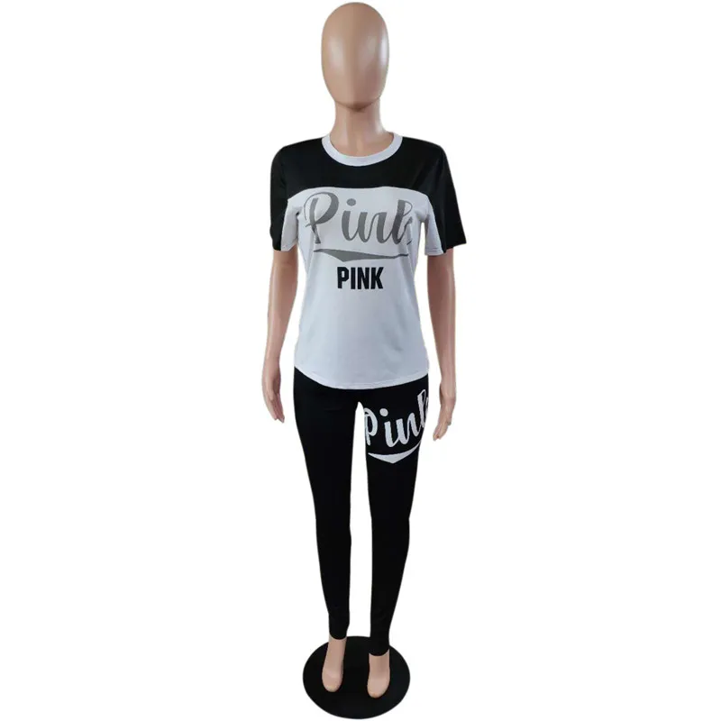 

Pink Letter Casual 2 Piece Outfit Summer Tracksuit O Neck Short Sleeve Tops And Solid Fit Slim Long Pants Lady Streetwear