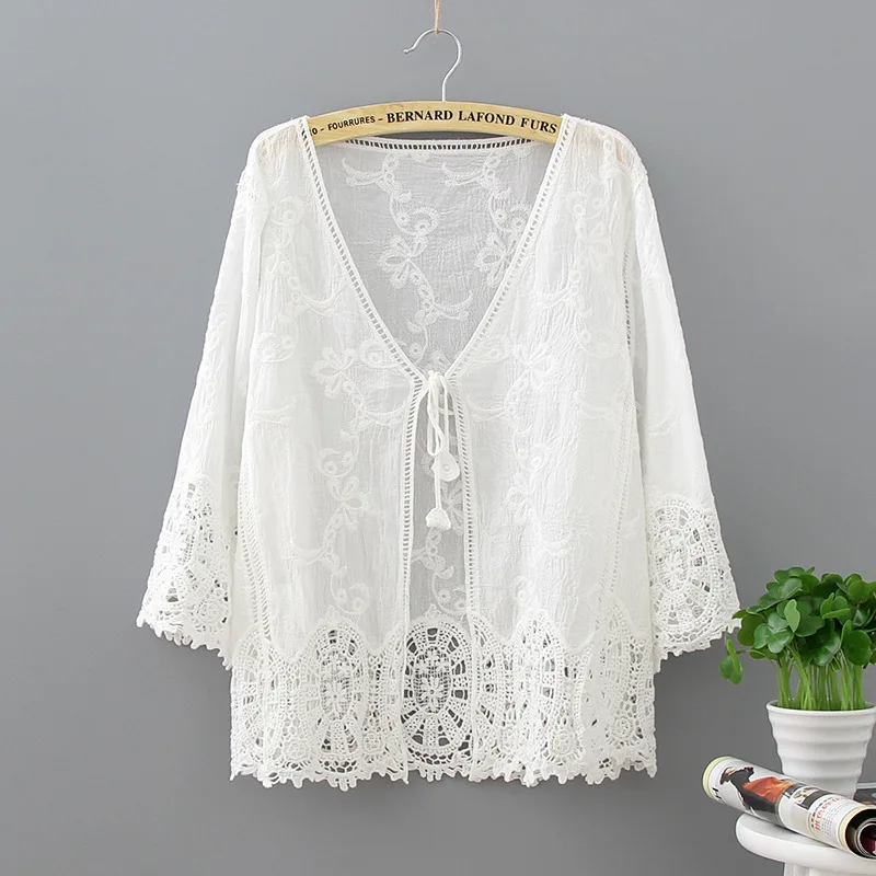 

Lace Up Summer Tops Fashion 2021 Casual Loose Beach Kimono Cardigan Patchwork Crochet Lace Embroidery White Blouse Women Kimonos
