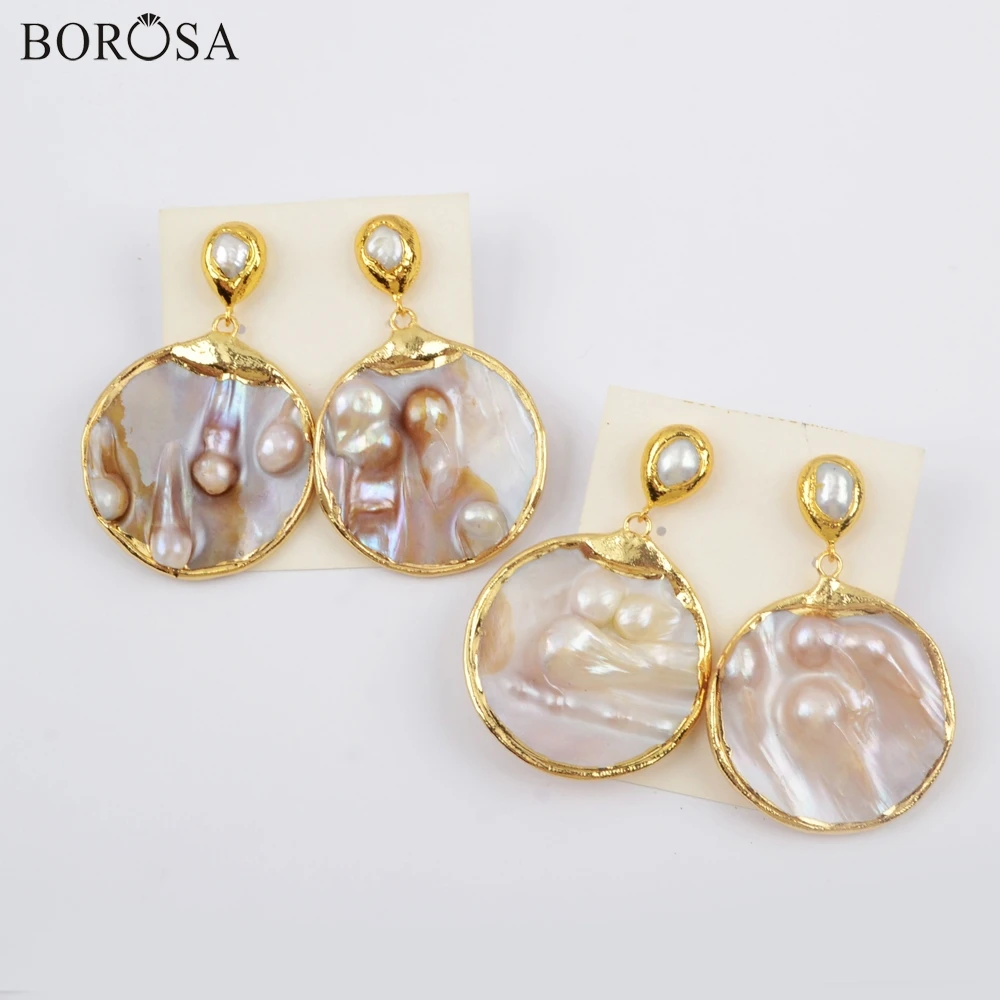 BOROSA Mother of жемчужной сережкой, 3/5 пар в комплекте; золотистые; круглый натуральный жемчуг серьги в виде капель с пресноводный жемчуг свободная форма Для женщин ювелирные изделия G1901-E